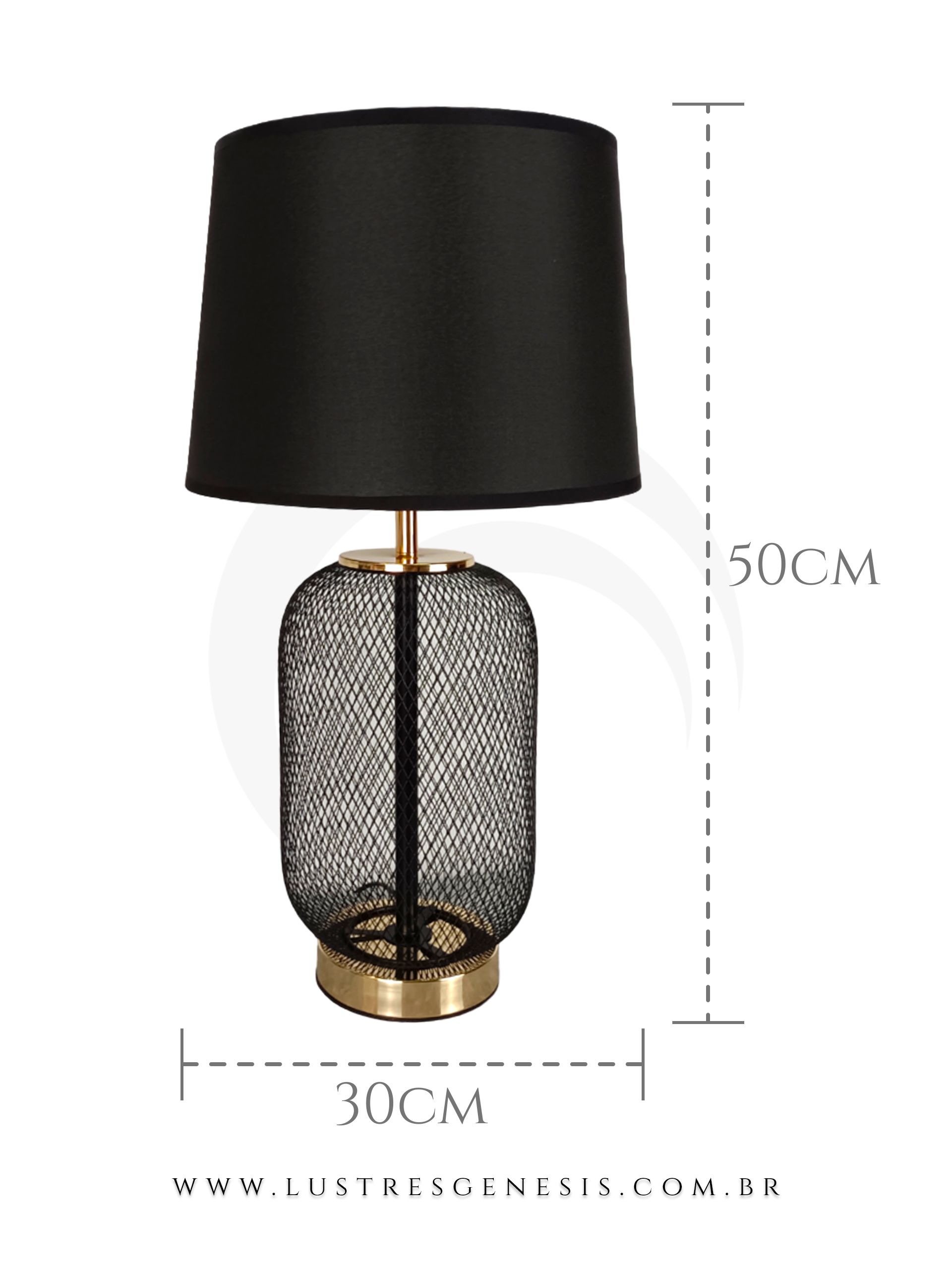 Lumin&aacute;ria de mesa Ravena com c&uacute;pula preta e base em metal dourado, ideal para cabeceira de cama, quartos e salas.